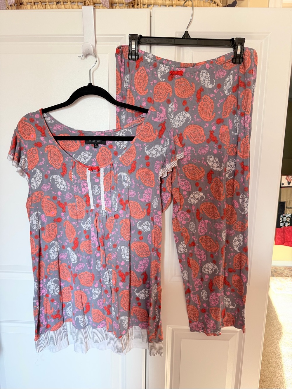 Ellen Tracy Gray Pajama Set with Coral & Pink Paisley
